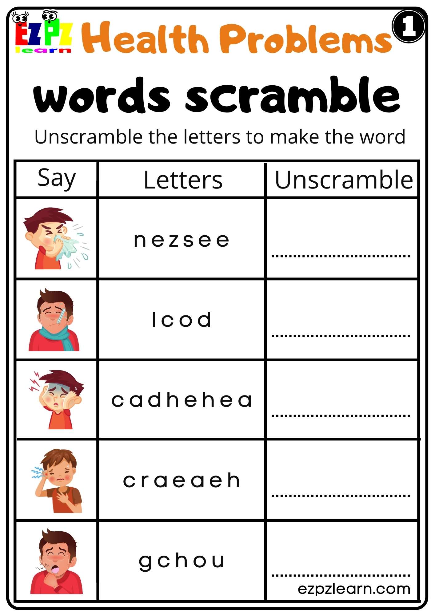 Health Problems Words Scramble Worksheet for kids K5 and ESL Students Free PDF Download Set 1